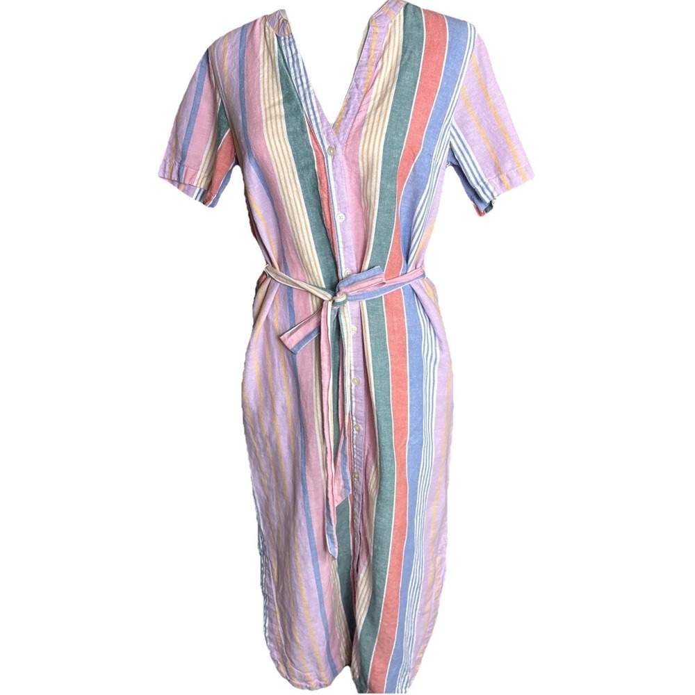 Gap Linen Blend Midi Dress Womens 4 Rainbow Striped Coastal New England Summer